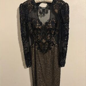 Lillie Rubin Black and Beige Embellished Dress